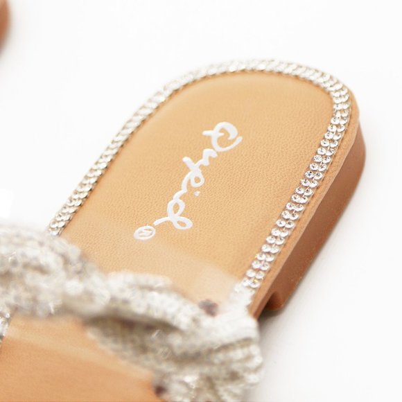 NEW Double Clear Strap Twisted Sparkly Bling Rhinestone Slip On Slides Sandals - Picture 9 of 15